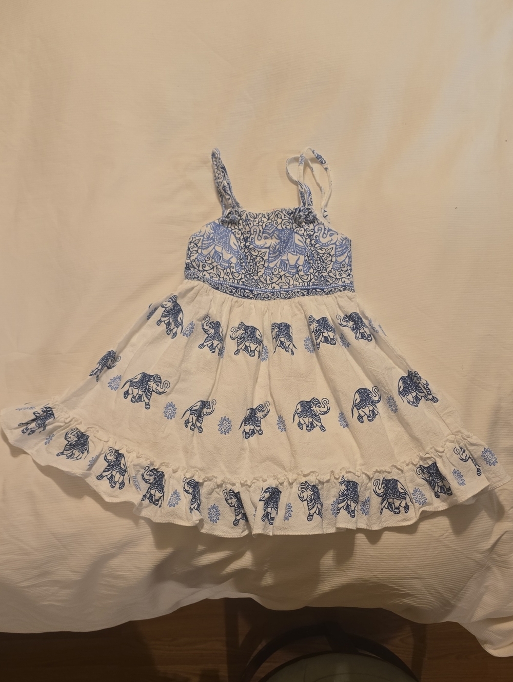 White Sundress with Blue Elephant Print